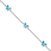Sterling SilverRhodium-Rhodium-Plated Blue Cr. Opal Butterflies 9in Plus .5in ext Ankle